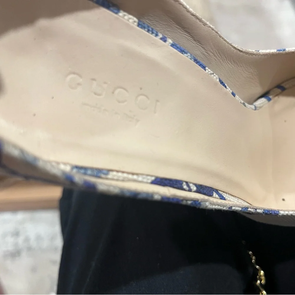 Gucci Blue and White Floral Wedge Sandals with Ankle Strap